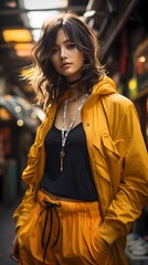 Vibrant Tokyo street style featuring a Japanese girl in fashionable streetwear against a backdrop of lively sunflower yellow, the HD camera capturing the dynamic energy
