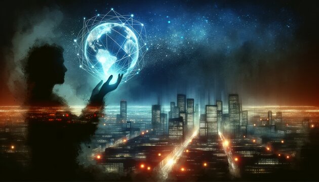 The image features a silhouette holding a glowing digital globe against a cityscape.