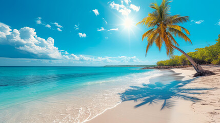 Fototapeta na wymiar Sun-Kissed Shoreline: Tranquil Palm Perfection