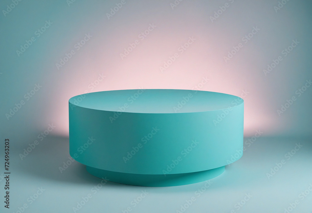 Poster abstract light blue color background. top view to round geometric shape turquoise podium for product