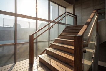 wooden railing on a concrete stairway. ladder inside the structure