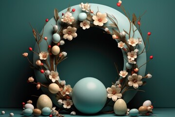Podium, stand for product presentation and easter wreath with eggs. ai generated