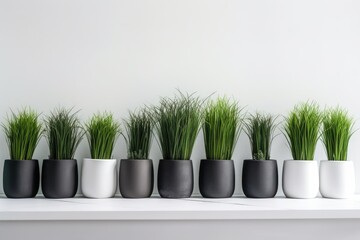 On a white shelf, a line of pots is seen. Black pots with fake grass in front of a white wall. Copy space