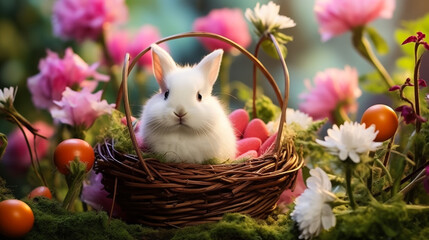 Joyful Nest: Easter Bunny Amidst Flowers, Safeguarding a Trove of Cheerful Eggs—A Vibrant Tapestry of Spring's Renewal.