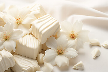 Fototapeta na wymiar Celebrating White day. Bouquet of white flowers and white chocolate.