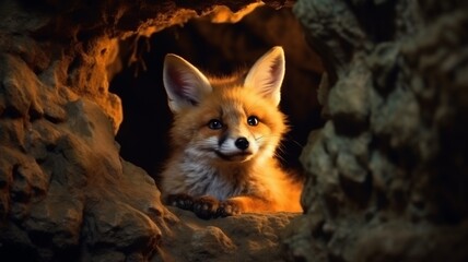Fototapeta premium A Realistic Fox animal is sitting in a cave AI Generated Photo