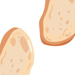 banner, poster on the theme of food, namely two toasted pieces of white, French baguette decorated from different sides of the background