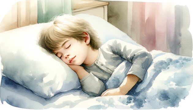 The image is a watercolor painting of a peaceful sleeping child.