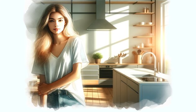 The image shows a young woman in a sunlit modern kitchen, looking content.