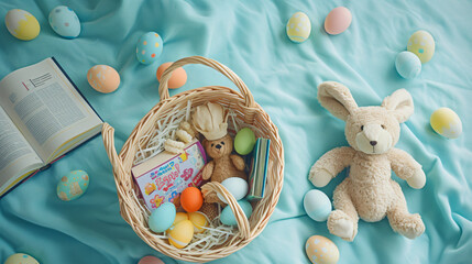 A flat lay of a childs Easter basket filled with toys books and treats. - obrazy, fototapety, plakaty