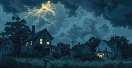 Dusk's Embrace: Houses Framed by the Midnight Sky