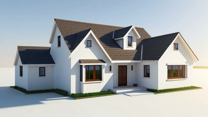 3d house model rendering on white background, Clean and precise 3D illustration modern cozy house. Concept for real estate or property.