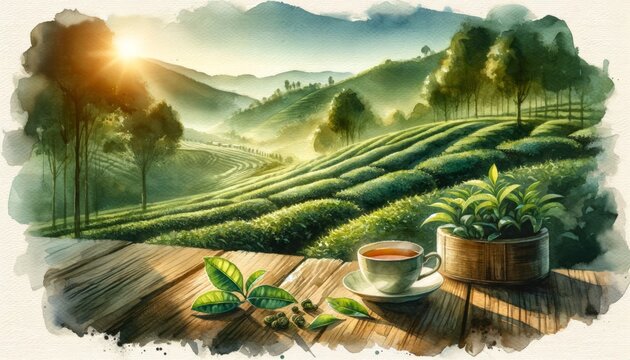 The image features a tea plantation with a cup of tea on a table.