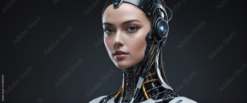 Poster female android face on dark background. artificial intelligence concept. futuristic robot head with 