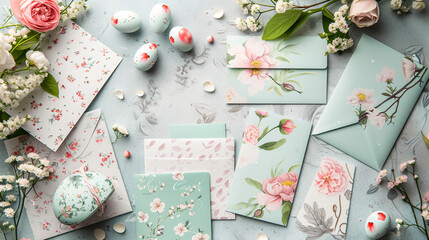 A flat lay of a collection of Easter greeting cards with floral designs and handwritten notes.