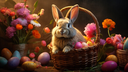 Easter Symphony: Bunny Nestled in Blooms, Cradling an Array of Handcrafted Eggs—A Melody of Colors in a Springtime Harmony