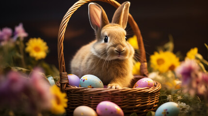 Easter Symphony: Bunny Nestled in Blooms, Cradling an Array of Handcrafted Eggs—A Melody of Colors in a Springtime Harmony