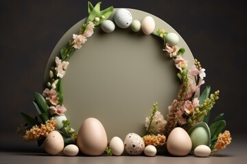 Podium, stand for product presentation and easter wreath with eggs. ai generated