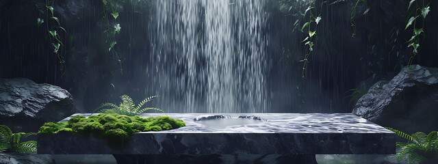 waterfall with marble table and moss 3d render in the - obrazy, fototapety, plakaty