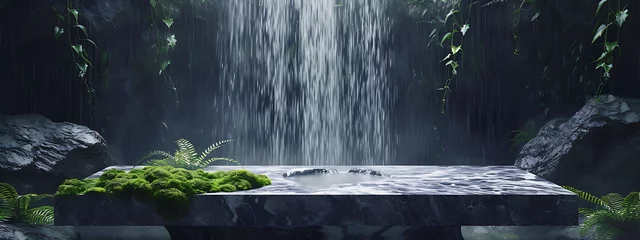 Fotobehang waterfall with marble table and moss 3d render in the © SilverDP