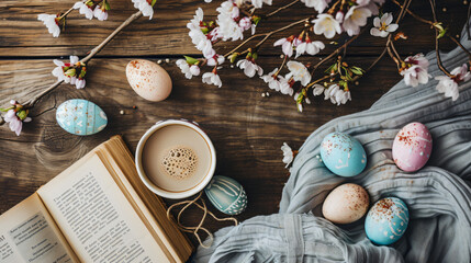 A flat lay of a cozy Easter morning scene with coffee a book and decorated eggs.