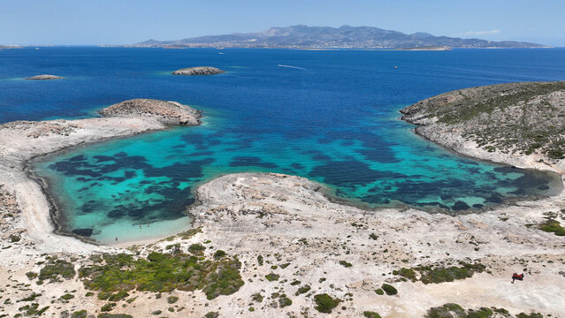Aerial drone photo of paradise secluded beaches in Southern part of Antiparos island with crystal clear sea, Cyclades, Greece