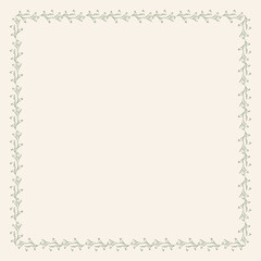 Vector floral frame of green twigs and leaves. Eco vintage frame made of plant leaves with empty space. Square delicate border design on beige background.