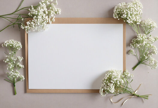 Blank wedding invitation with delicate flowers and ribbon on a white background, ready for your personalized message