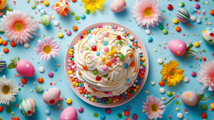 A flat lay of a festive Easter cake surrounded by colorful candies and edible flowers.