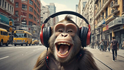 Joyful monkey with a grin, grooving to music in city streets with retro urban vibe and charismatic charm - obrazy, fototapety, plakaty