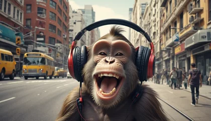 Poster Happy anthropomorphic monkey with a big smile and headphone, enjoying music in downtown city street, urban underground retro style and charismatic human attitude © SR07XC3