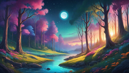 Obraz premium Vibrant dreamlike forest scenery, wallpaper, dreamy backdrop
