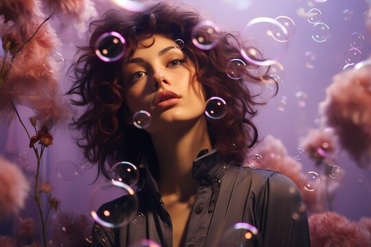 Whimsical and fantastical model surrounded by floating bubbles against a dreamy lavender background