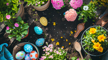 A flat lay of a gardening scene with Easter-themed planters and spring flowers.