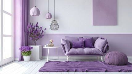 Cozy modern living room interior with purple and lavender accents and bright natural light