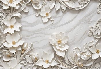 3D printable ceiling interior wallpaper featuring white flowers, leaves, swans, silk, and marble design