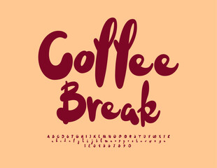 Fototapeta premium Vector artistic emblem Coffee Break. Handwritten Brown Font. Unique Alphabet Letters and Numbers set