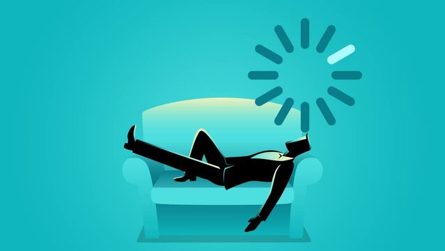 Motion graphics of a businessman taking a nap on sofa with loading icon on his head, resting, lagging, waiting concept