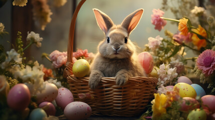 Fototapeta na wymiar Easter Radiance: Bunny in a Bed of Blooms, Surrounded by a Rainbow of Eggs—A Visual Ode to the Colors of Spring.