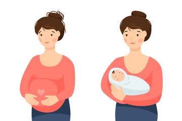 Fototapeta premium Two scenes with a happy pregnant woman and a mother with a baby in her arms. Healthy happy pregnancy and motherhood. 