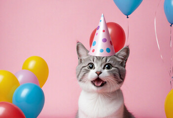 Adorable cat in party hat with balloons on pink backdrop. Celebration, birthday, festive theme.