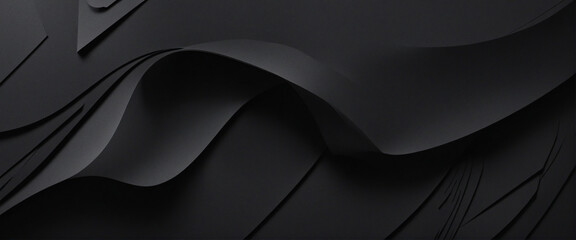 Abstract Black Monochrome Geometric Banner Background with Curved Lines and Shadows.