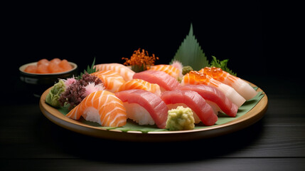 Sashimi with seafood on a black background. Michelin-starred restaurant menu. Culinary art. Japanese food.