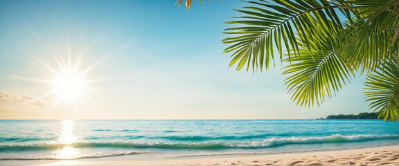 Stunning Beach Background with Palm Leaves and Sunlight for Summer Travel & Vacation.