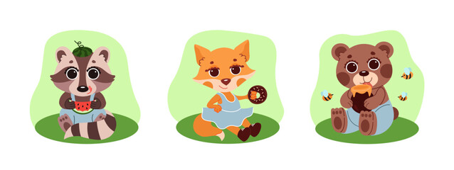 Fototapeta premium set in one style of three illustrations of animals, a fox, a bear, a raccoon in a clearing eating their favorite food