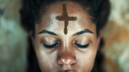 Humble woman with an ashen cross on her forehead. Ash wednesday