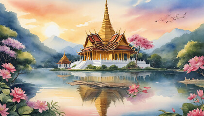 Watercolor painting of a golden pagoda adorned with a variety of flowers in Chiang Mai. - obrazy, fototapety, plakaty