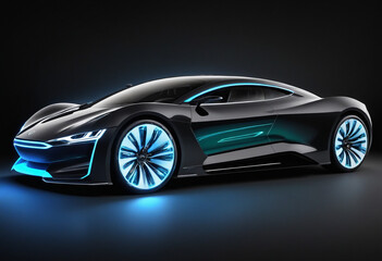 Naklejka premium Sleek Electric Car with LED Lights on Dark Background