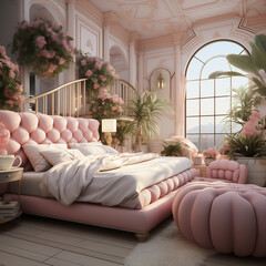 Pink bedroom. Barbiecore style. Generative AI.