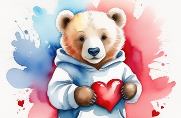 teddy bear with heart. white bear cub in a sweatshirt with a red heart in his paws, in front of him. watercolor style, illustration for design, flayer, advertising, postcard, happy valentine's day.